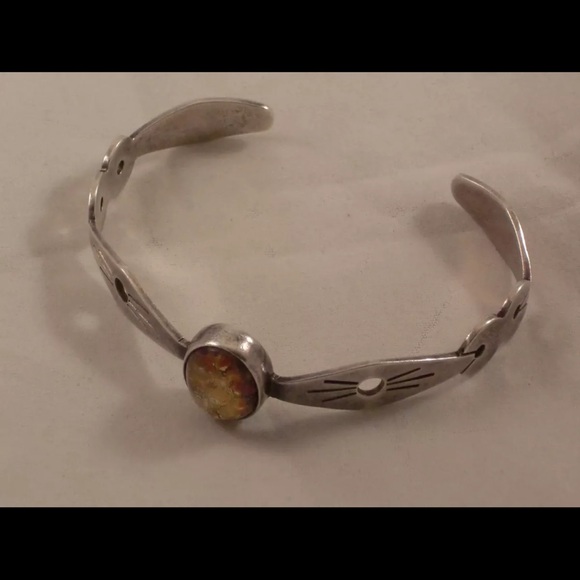 Alicia 925 Mexican Artisan Silver Cuff Bracelet With Orange Colored Stone - Picture 1 of 8